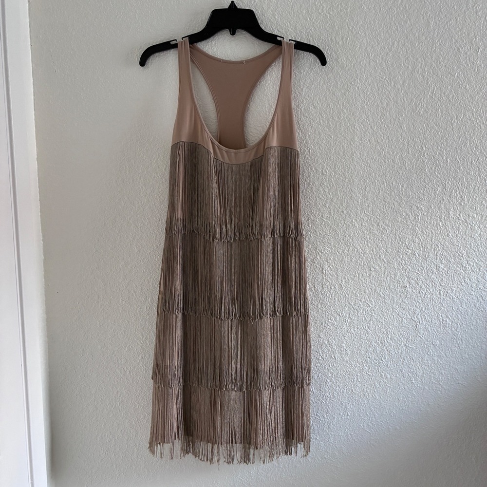 Flapper Fringe Tiered Dress Women Size L Nude Retro Dancing 20s Inspired